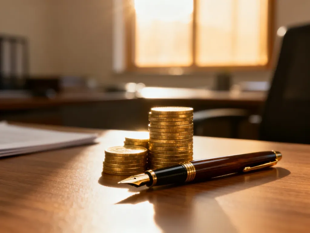 Stos monet i pióro wieczne na biurku, symbolizujące planowanie finansów i zarządzanie wynagrodzeniem.