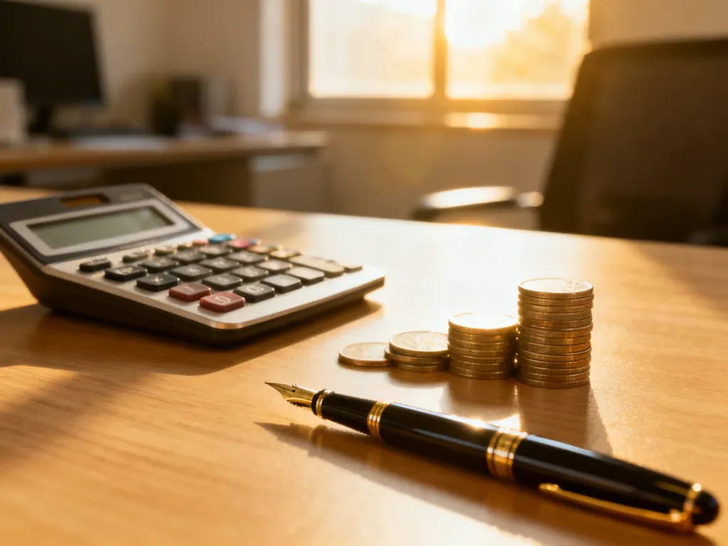 Kalkulator, monety i pióro na biurku, symbolizujące profesjonalne obliczenia finansowe i planowanie budżetu.