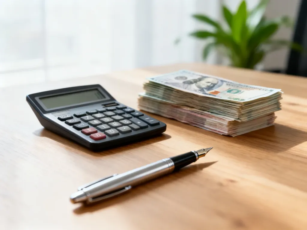 Kalkulator, gotówka i pióro na biurku, symbolizujące obliczanie wynagrodzenia i planowanie finansów.