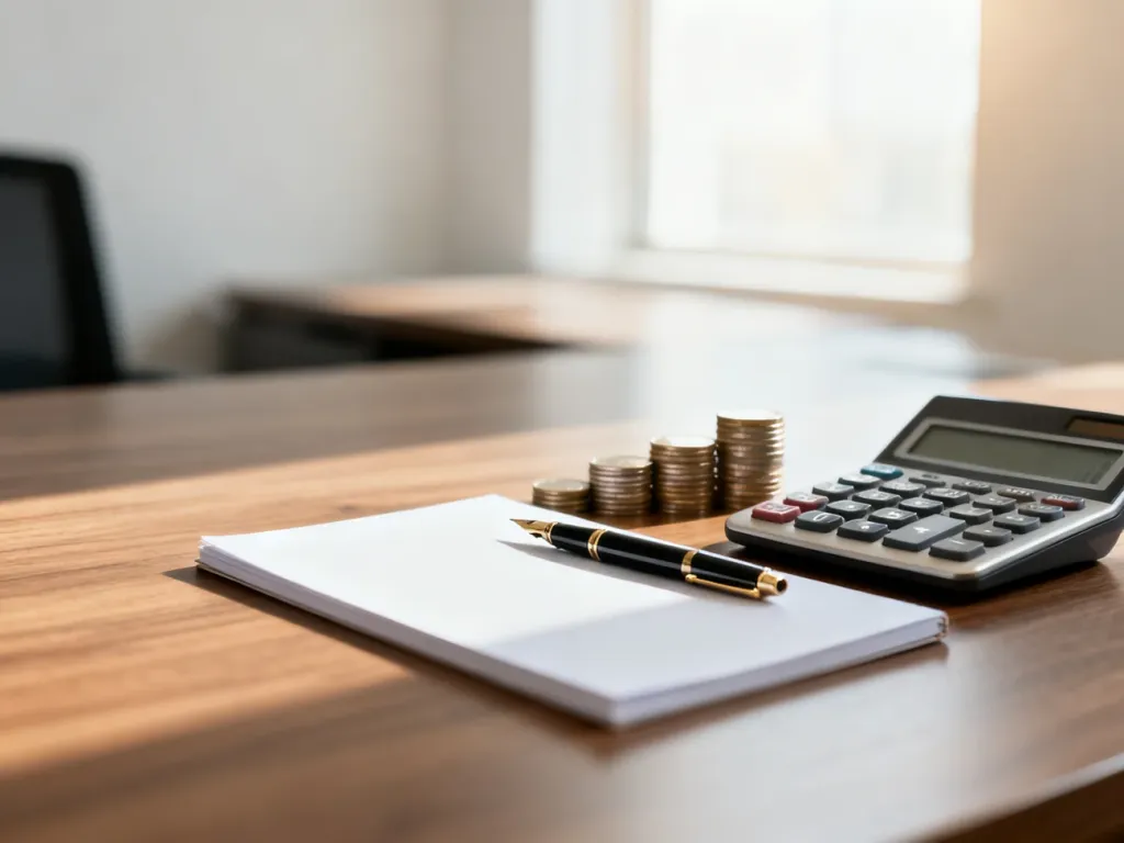 Profesjonalne biurko z kalkulatorem, monetami i notatnikiem, symbolizujące planowanie finansów i obliczenia płacowe.