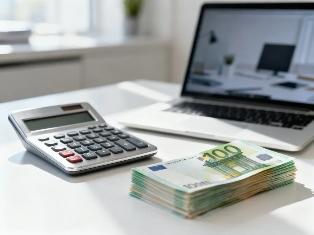 Nowoczesny kalkulator i plik banknotów na biurku, symbolizujące obliczenia finansowe i planowanie budżetu.