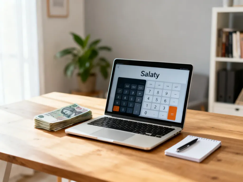 Laptop z kalkulatorem pensji obok pliku polskich banknotów na biurku, symboliczne przeliczanie wynagrodzenia brutto na netto.