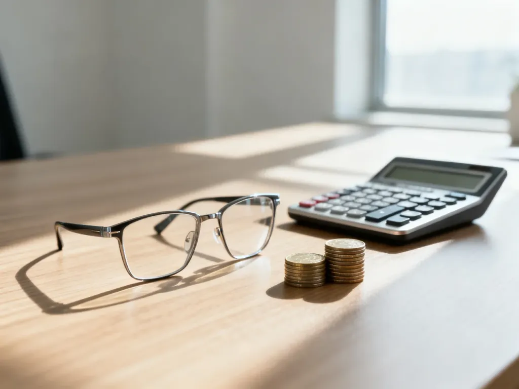 Okulary, kalkulator i monety na biurku, symbolizujące planowanie finansów i obliczanie wynagrodzenia.