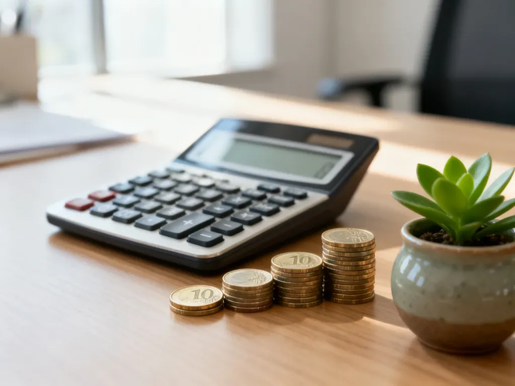 Kalkulator i monety na biurku symbolizujące obliczanie wynagrodzenia i planowanie finansów.