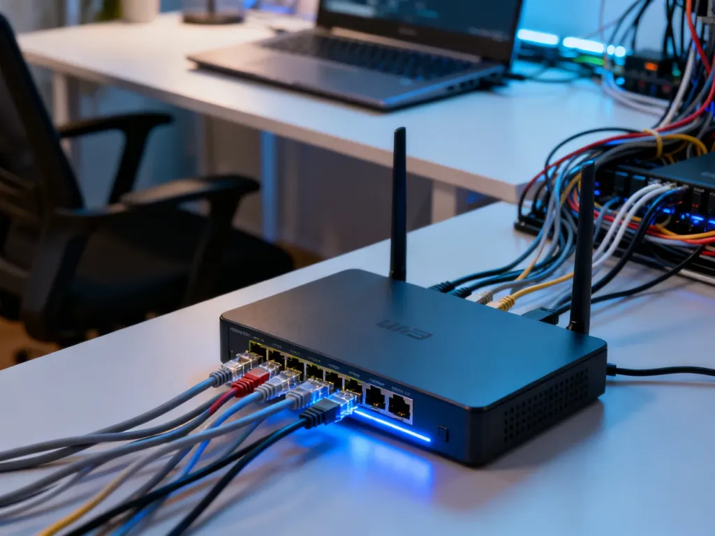 Przełącznik sieciowy podłączony do routera za pomocą kabli Ethernet, ilustrujący sposób na rozszerzenie liczby portów LAN.
