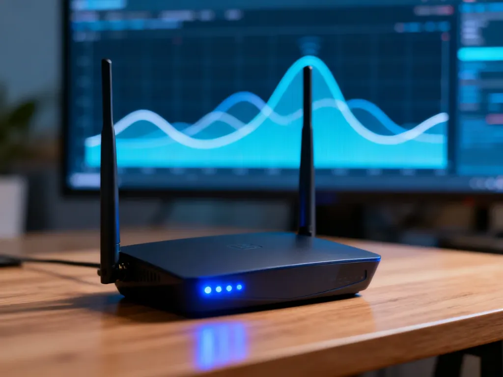 Nowoczesny router Wi-Fi na biurku z widocznym w tle wykresem sygnału sieciowego, ilustrujący optymalizację połączenia.