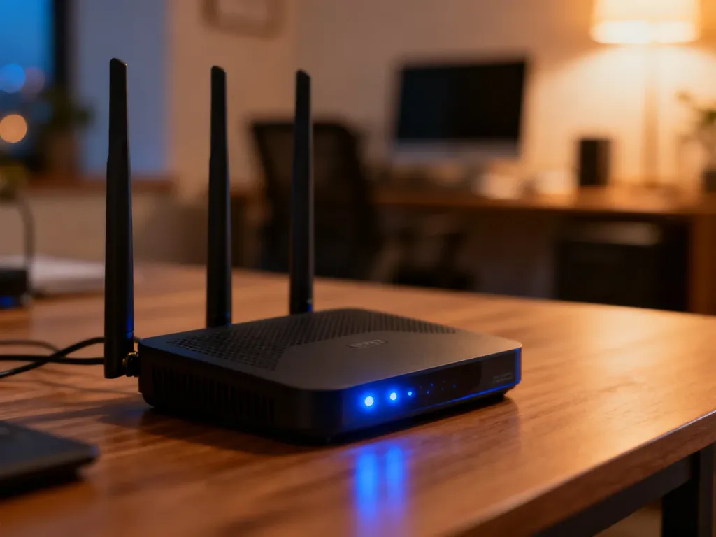 Nowoczesny router Wi-Fi z diodami LED na drewnianym biurku w domowym biurze. Urządzenie gotowe do diagnostyki sieci.