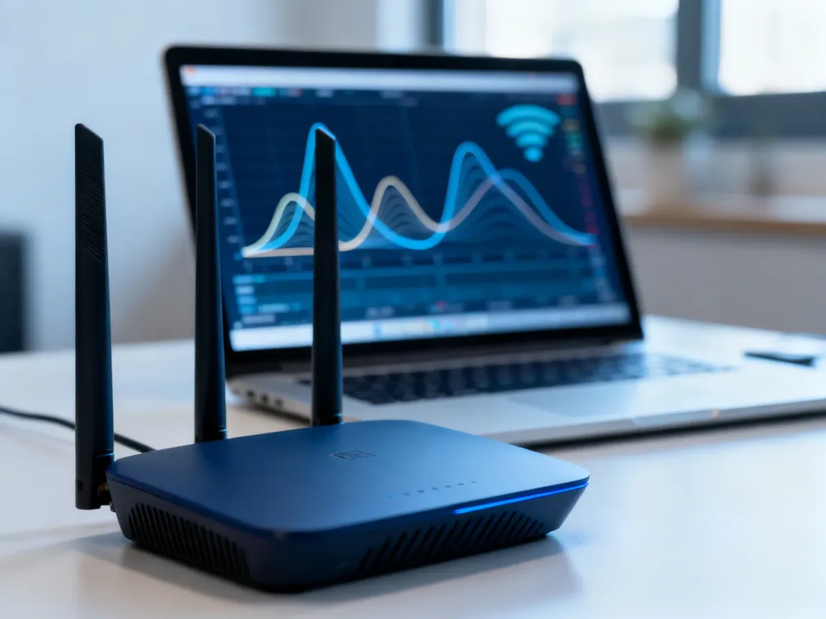 Router i laptop z wykresem analizującym zatłoczenie sieci Wi-Fi