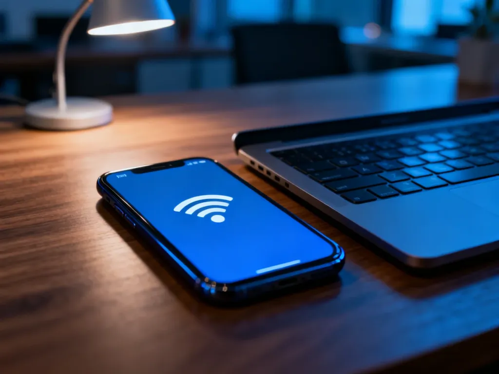 Smartfon z ikoną rozłączonego Wi-Fi obok laptopa na biurku, ilustrujący problem z łącznością w telefonie.