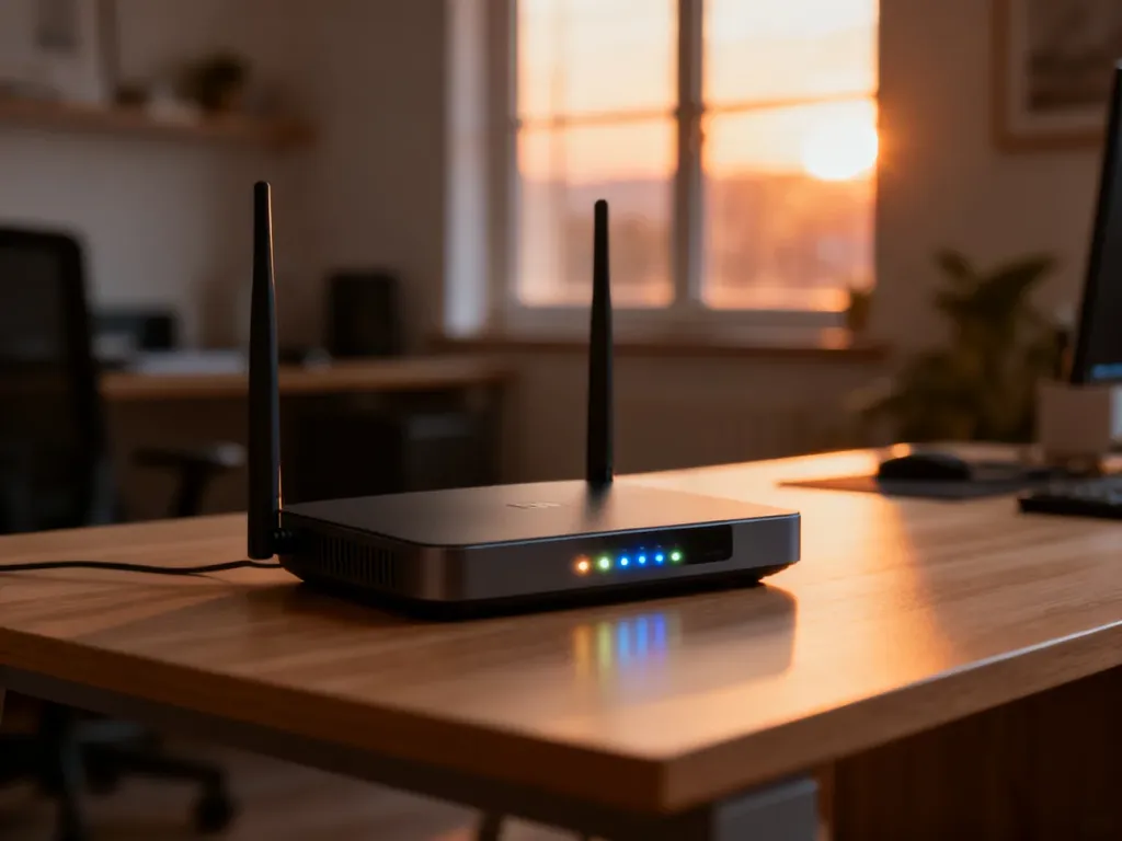 Nowoczesny router bezprzewodowy na biurku w domowym biurze, gotowy do konfiguracji sieci dla gości.