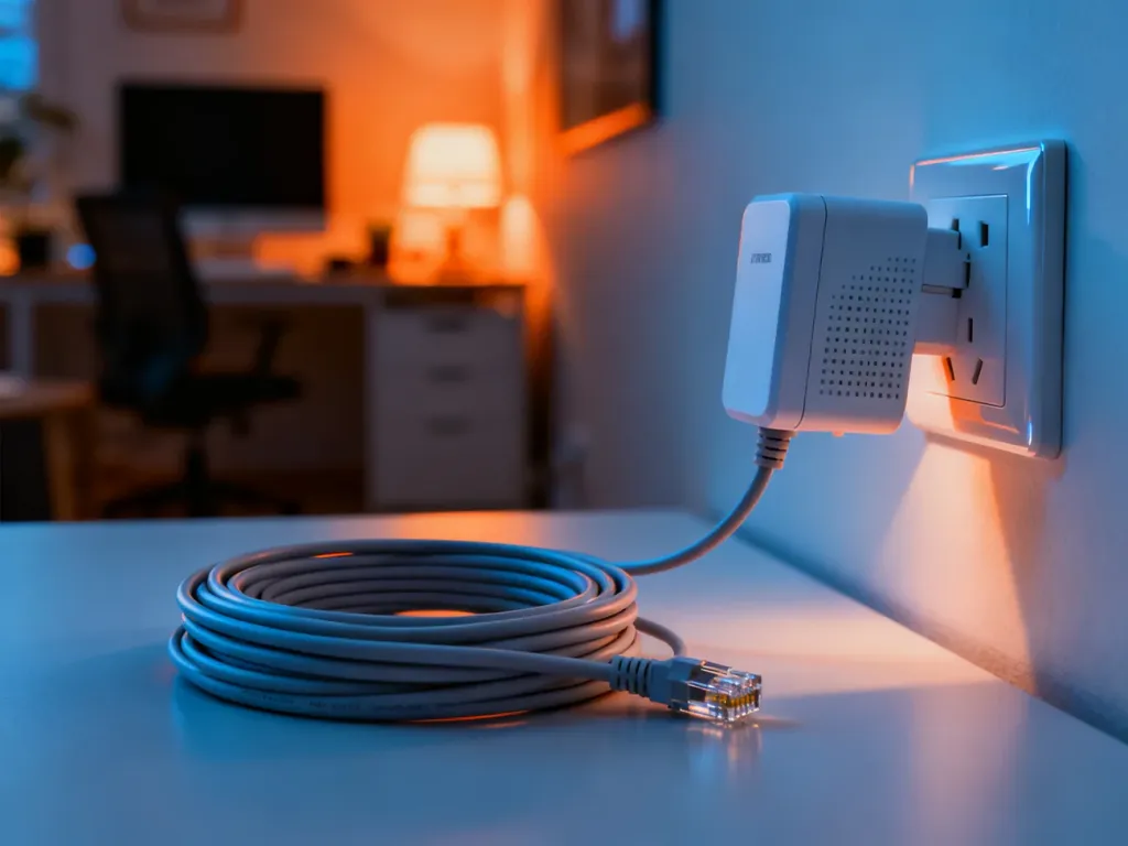 Kabel Ethernet zwinięty obok adaptera powerline wpiętego do gniazdka, prezentujący rozwiązania sieciowe w domowym biurze.
