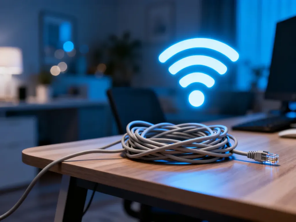 Splątany kabel Ethernet na biurku w zestawieniu z cyfrową ikoną Wi-Fi, ilustrujące porównanie szybkości połączeń sieciowych.