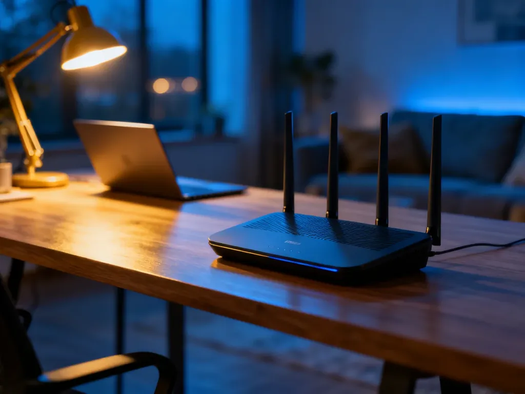 Nowoczesny router bezprzewodowy na biurku w domowym biurze, podkreślający estetykę i funkcjonalność domowej sieci.