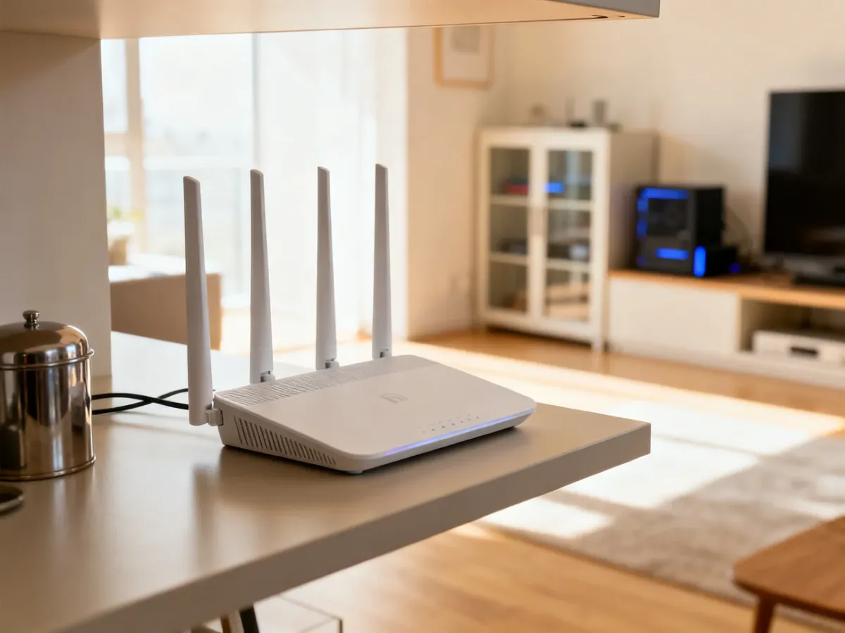 Router ustawiony wysoko i w otwartej przestrzeni z dala od przeszkód