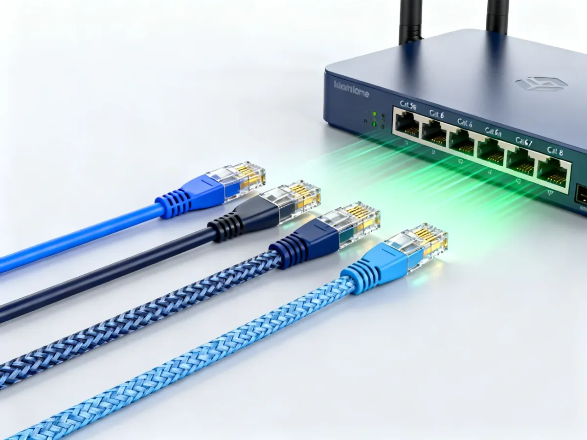 Porównanie różnych kategorii kabli Ethernet obok routera i przełącznika sieciowego