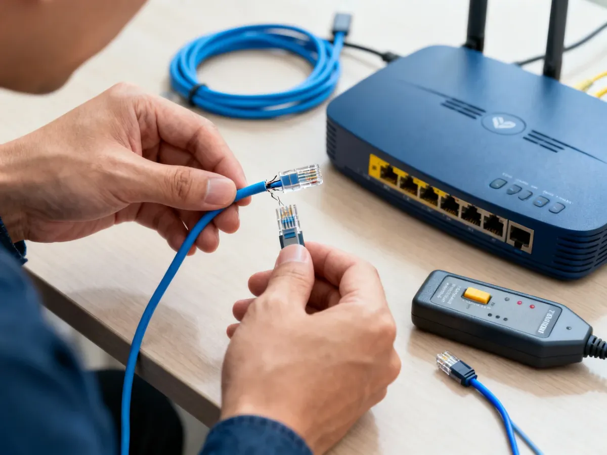Sprawdzanie uszkodzonego kabla Ethernet przy routerze i testerze