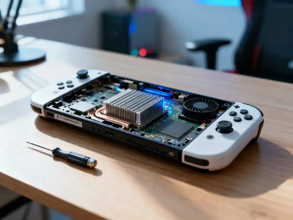 Częściowo rozłożona konsola Nintendo Switch na biurku z widocznymi elementami układu chłodzenia i śrubokrętem.
