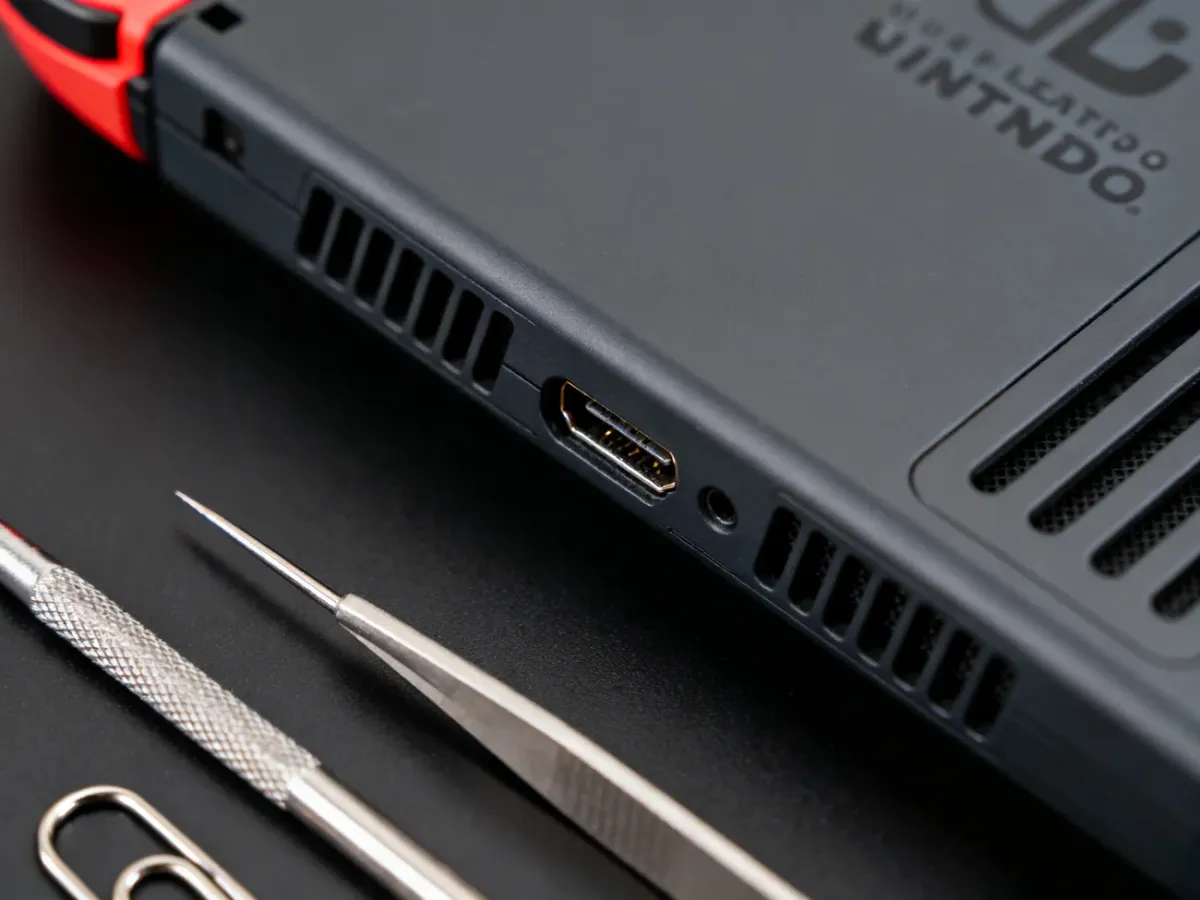 Port USB-C i otwory wentylacyjne konsoli obok metalowych narzędzi, których nie należy używać do czyszczenia