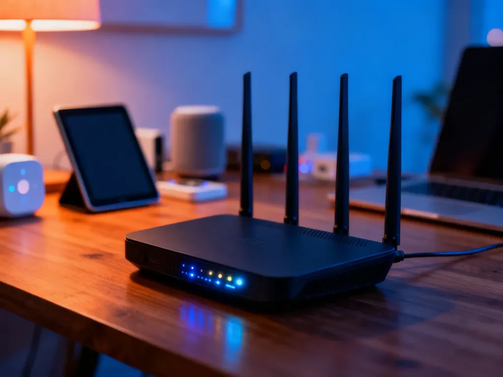 Nowoczesny router z włączonymi diodami na biurku w otoczeniu urządzeń typu smart w domowym biurze.