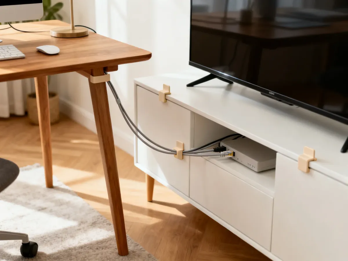 Kabel Ethernet uporządkowany za meblami za pomocą uchwytów samoprzylepnych
