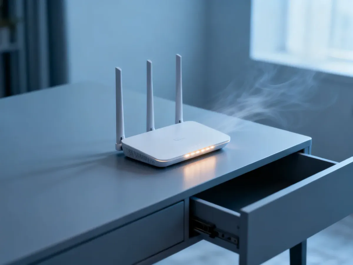 Router ustawiony na otwartej, twardej powierzchni z wolną przestrzenią wokół obudowy