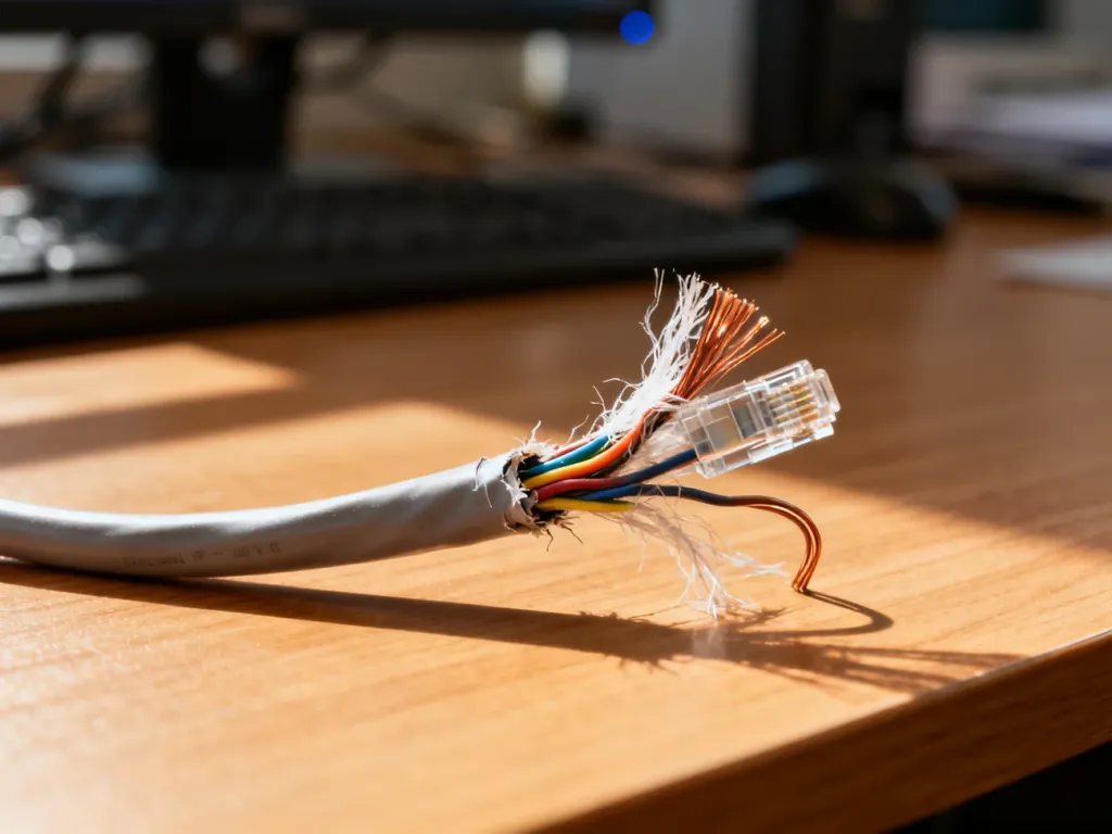 Zbliżenie na uszkodzony kabel Ethernet z przetartą izolacją i wygiętymi przewodami miedzianymi na drewnianym biurku.