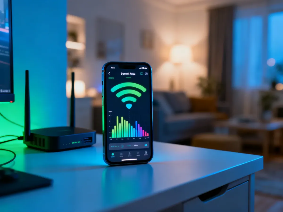 Smartfon z analizatorem sieci Wi-Fi obok routera