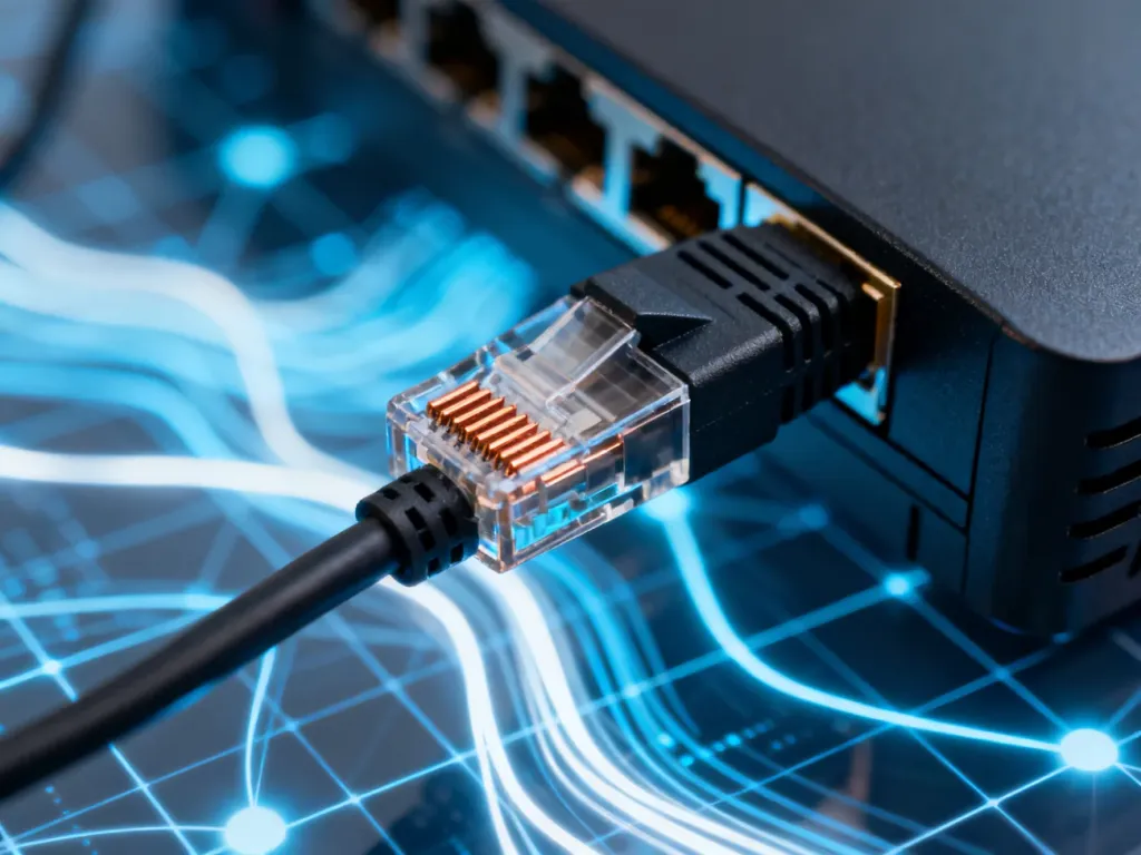 Wtyk kabla Ethernet wpięty do routera na tle cyfrowej sieci, symbolizujący szybki transfer danych w nowoczesnej infrastrukturze.
