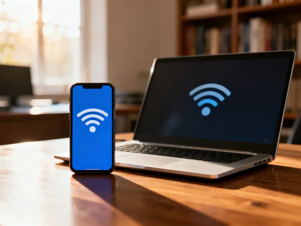 Laptop z ikoną braku połączenia oraz smartfon z pełnym zasięgiem Wi-Fi leżące na biurku.
