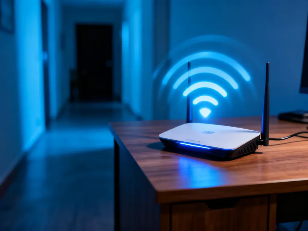Nowoczesny router na biurku z wizualizacją fal sygnału, ilustrującą problem z zasięgiem w odległych pomieszczeniach.