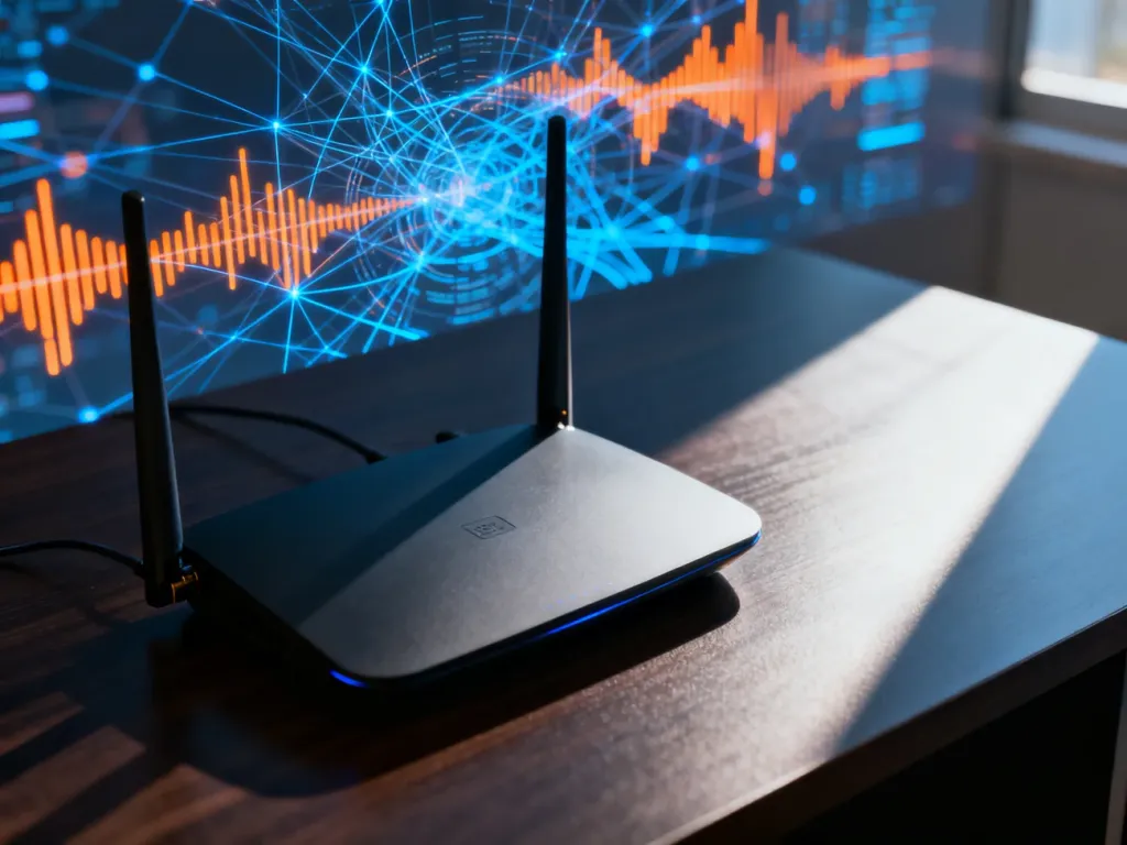 Nowoczesny router Wi-Fi na biurku z nałożoną grafiką przedstawiającą nakładające się i zakłócające sygnały sieciowe.