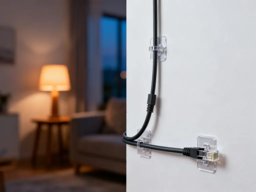Kabel LAN poprowadzony wzdłuż narożnika ściany za pomocą przezroczystych uchwytów w nowoczesnym salonie.