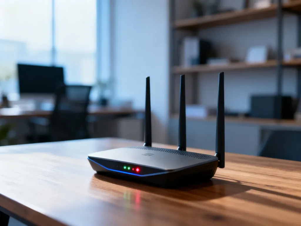 Nowoczesny router Wi-Fi z migającymi diodami na drewnianym biurku w domowym biurze.