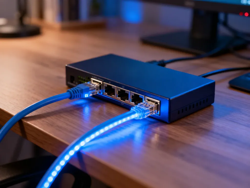 Switch sieciowy i rozdzielacz LAN z podłączonymi kablami na drewnianym biurku w domowym biurze.