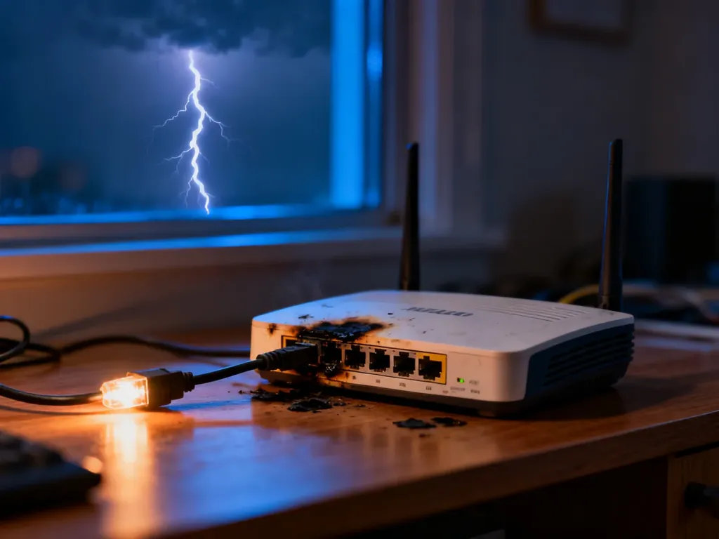Uszkodzony router z widocznymi śladami przypalenia na biurku, w tle błyskawica symbolizująca burzę.