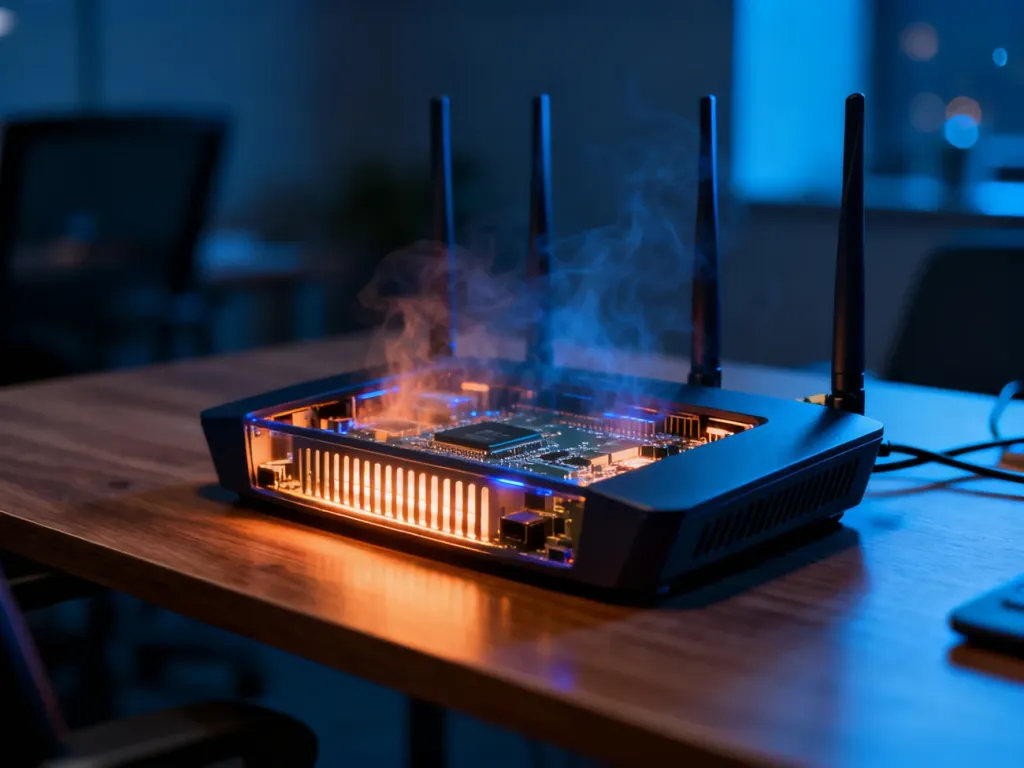 Nowoczesny router z widocznymi otworami wentylacyjnymi na drewnianym biurku, obrazujący problem przegrzewania się urządzenia.