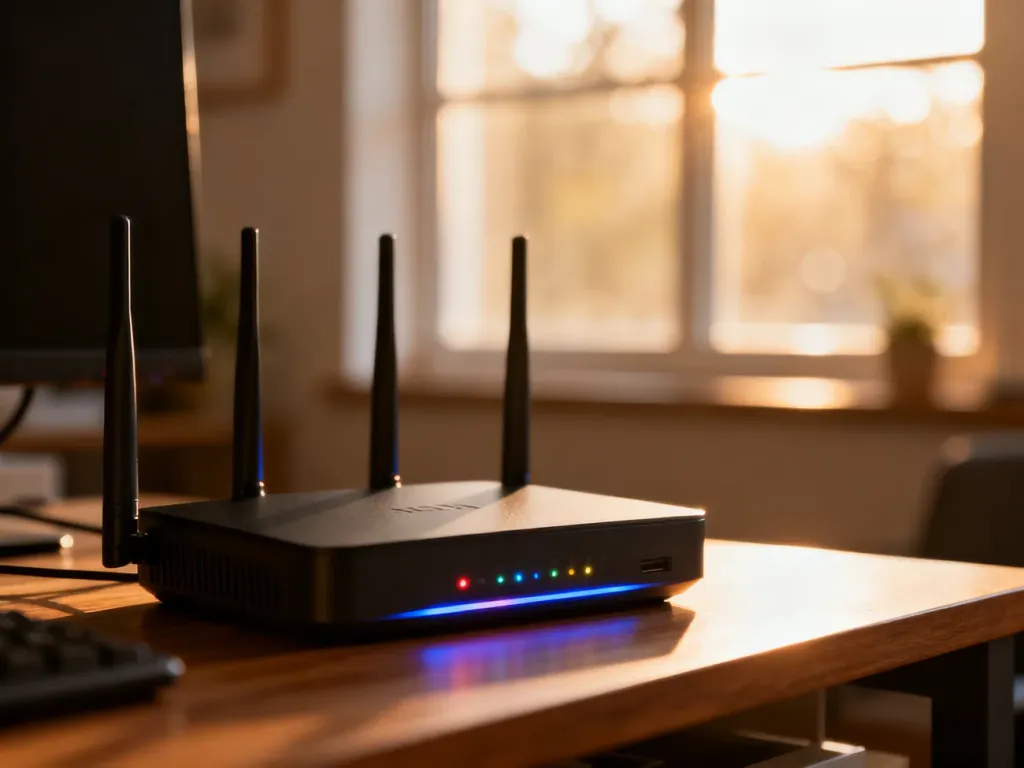 Nowoczesny router Wi-Fi na drewnianym biurku w domowym biurze, gotowy do optymalizacji ustawień sieci.