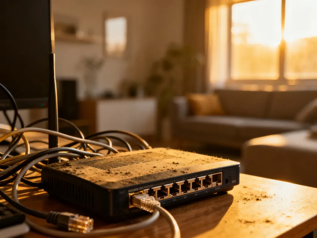 Zakurzony, stary router z plątaniną kabli na biurku, kontrastujący z nowoczesnym wnętrzem w świetle zachodzącego słońca.