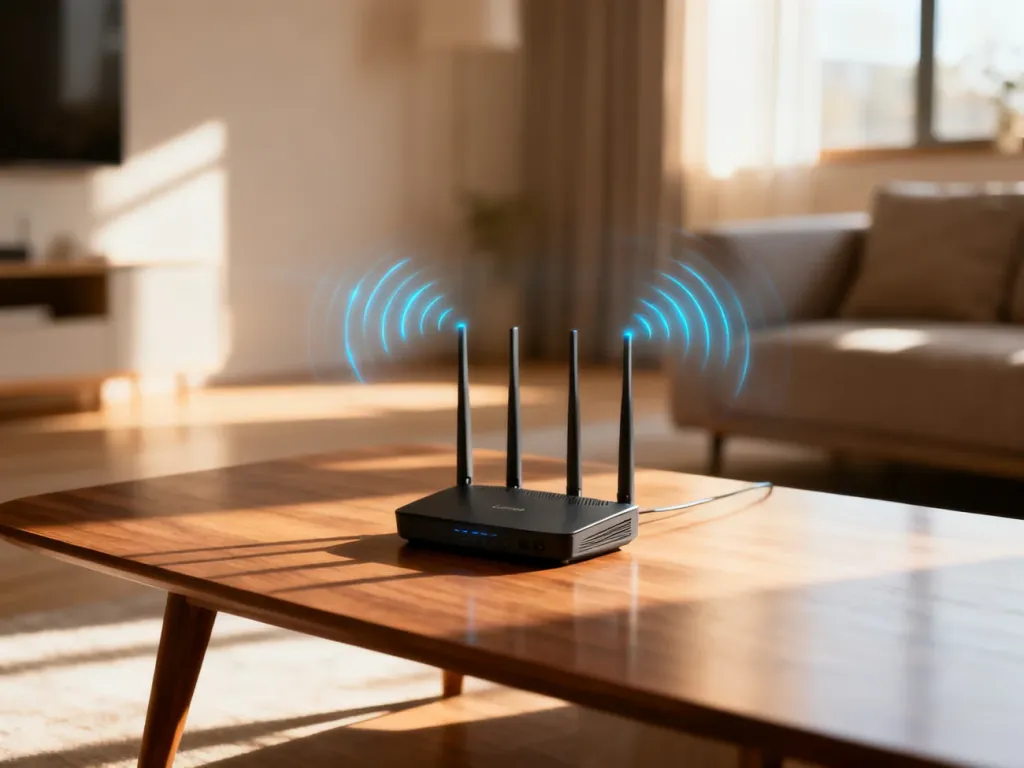 Nowoczesny router na drewnianym stole z wizualizacją rozchodzącego się sygnału Wi-Fi w minimalistycznym salonie.