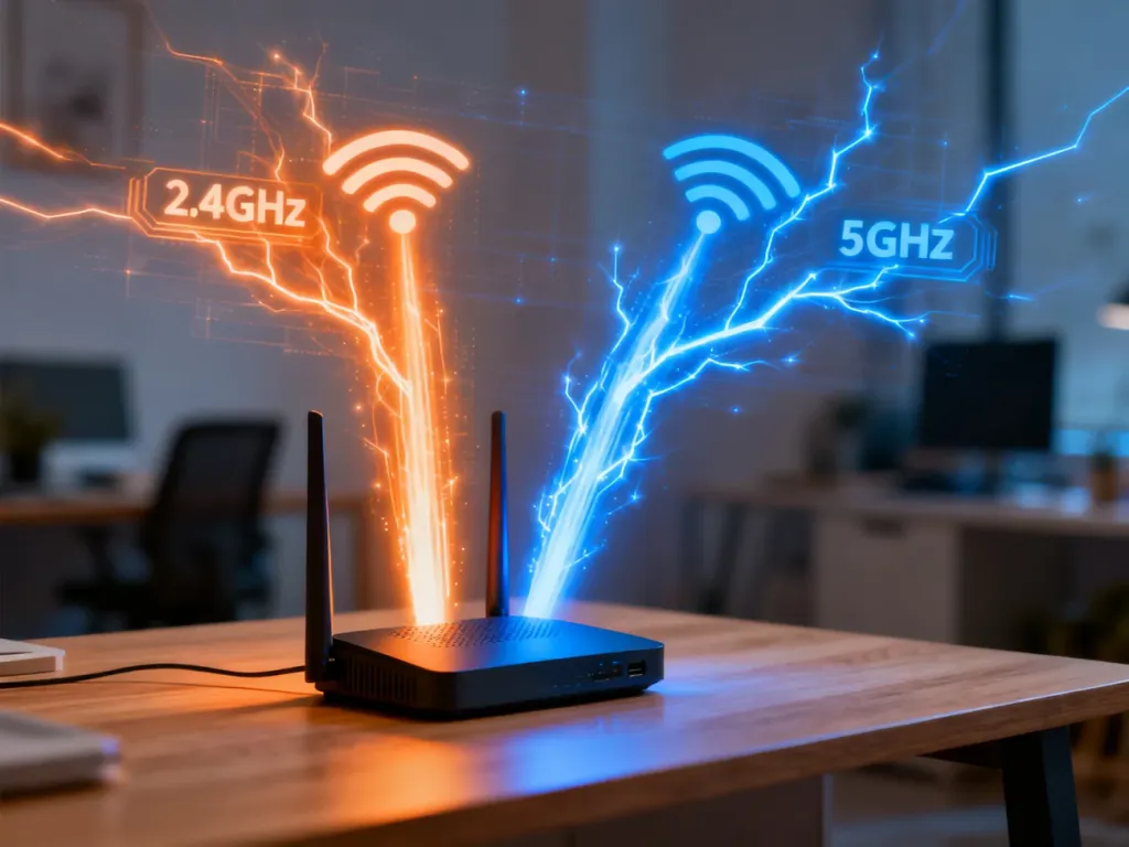 Nowoczesny router na biurku z wizualizacją dwóch pasm Wi-Fi: pomarańczowym (2,4 GHz) i niebieskim (5 GHz).
