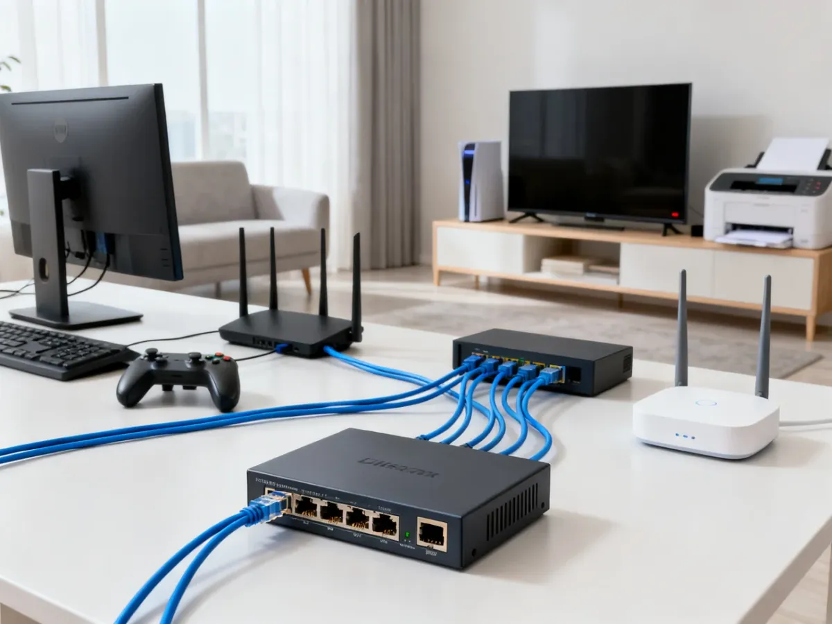 Switch Ethernet łączący router z urządzeniami domowej sieci