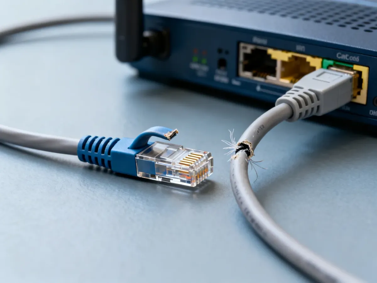 Uszkodzony kabel Ethernet z wtyczką RJ45 obok sprawnego przewodu przy routerze