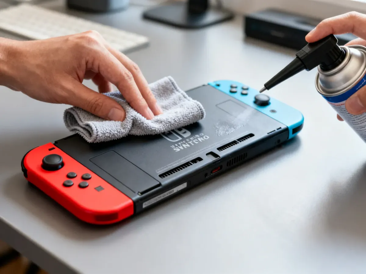 Czyszczenie zewnętrznych otworów wentylacyjnych Nintendo Switch mikrofibrą i sprężonym powietrzem