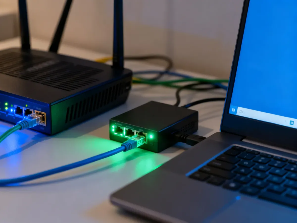 Router connected to a network switch and one computer with active indicator lights
