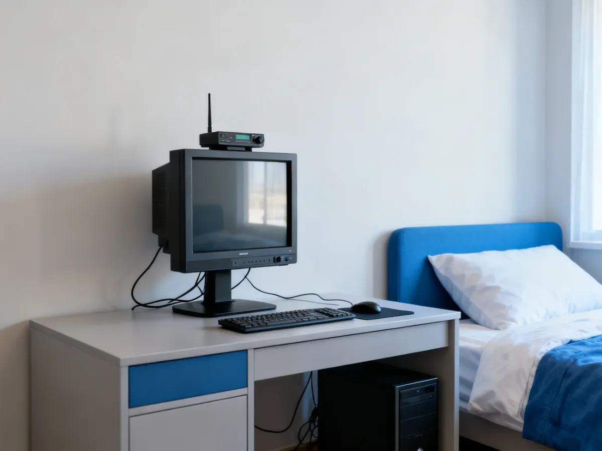 Monitor z tunerem TV w kompaktowym pokoju pełniącym funkcję biura i sypialni
