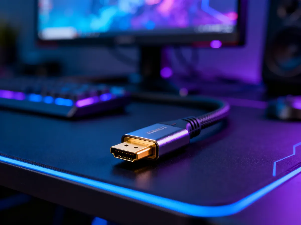 Pozłacana końcówka kabla HDMI 2.1 na tle nowoczesnego stanowiska gamingowego z monitorem 4K.