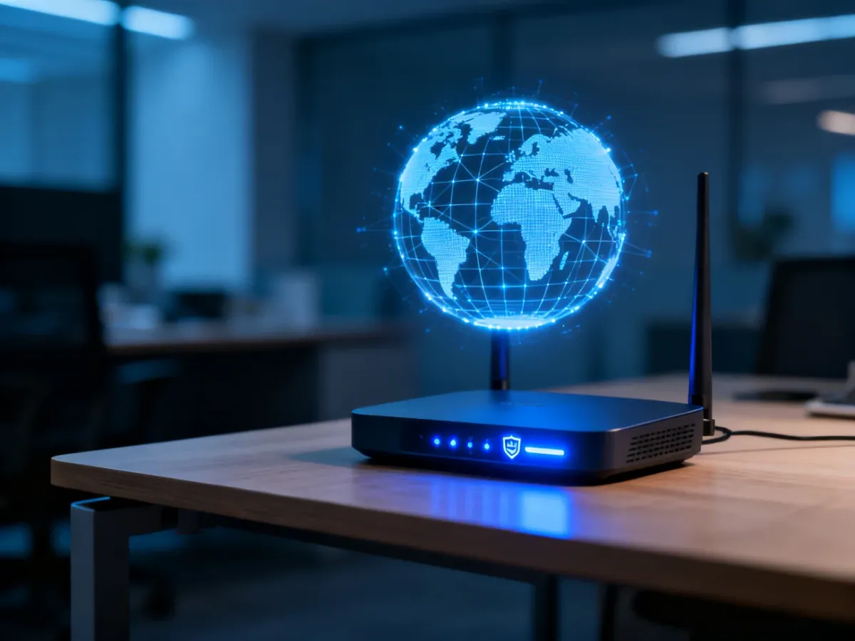 Nowoczesny router z podświetleniem LED na biurku, symbolizujący bezpieczne połączenie sieciowe i ochronę danych.