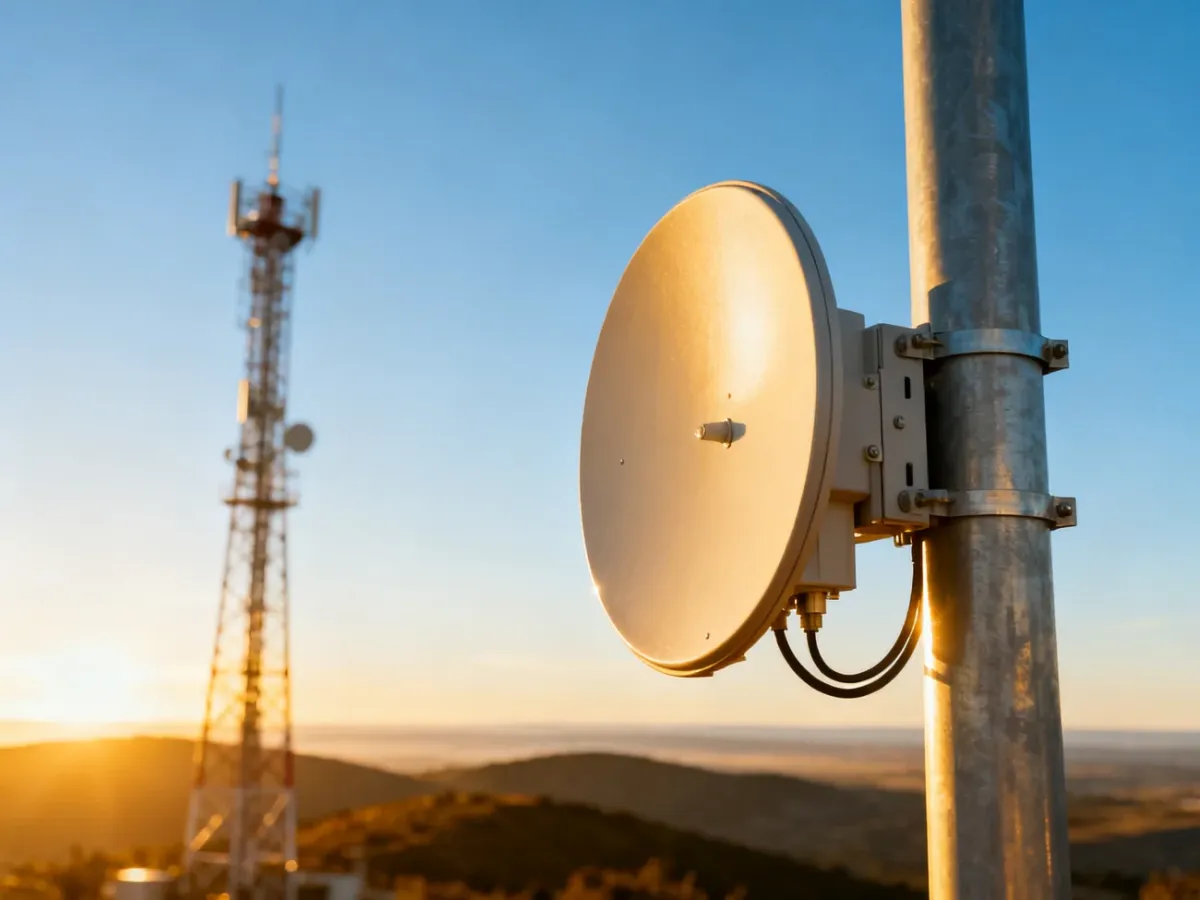 Nowoczesna antena odbiorcza na tle masztu telekomunikacyjnego, symbolizująca zasięg sygnału telewizji naziemnej DVB-T2.