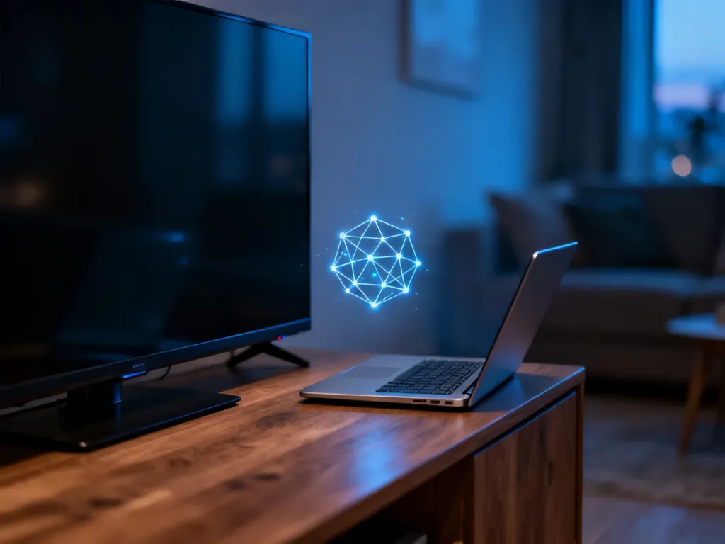 Laptop i telewizor na biurku połączone cyfrową ikoną sieci, symbolizującą bezprzewodową komunikację między urządzeniami.