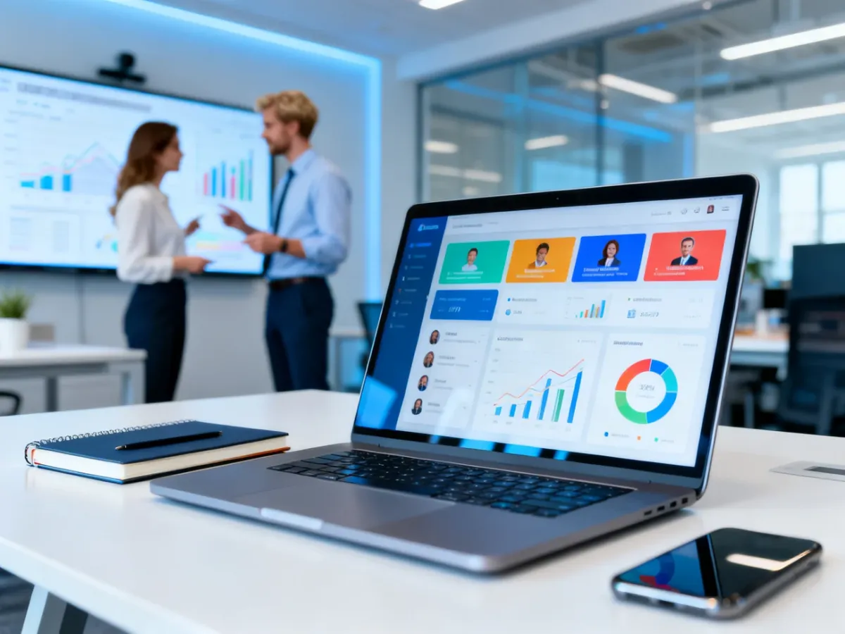 Laptop z kolorowym dashboardem kontaktów B2B i analiz, w tle zespół omawia dane na dużym ekranie, no text on the picture